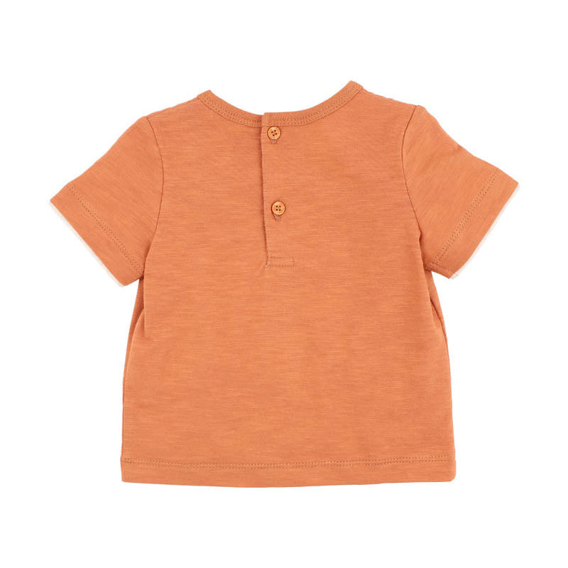 Childrens rust coloured tee shirt with a campling graphic on the front