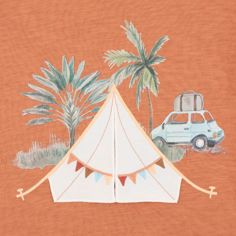 Childrens rust coloured tee shirt with a campling graphic on the front