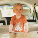 Childrens rust coloured tee shirt with a campling graphic on the front