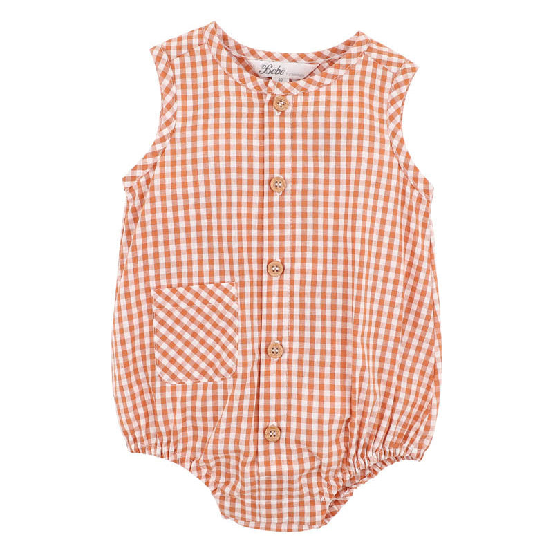 Orange and white sleeveless baby romper suit with wooden buttons