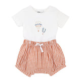 White bodysuit with hot air balloon print and rust coloured gingham shorts Set for baby