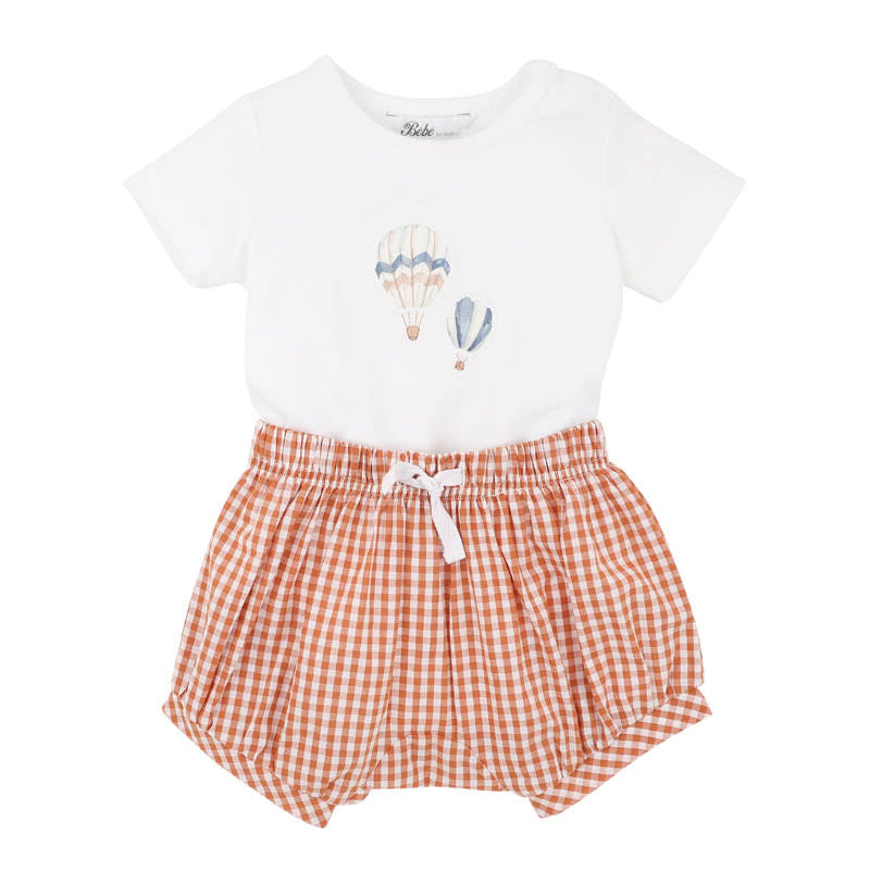 White bodysuit with hot air balloon print and rust coloured gingham shorts Set for baby