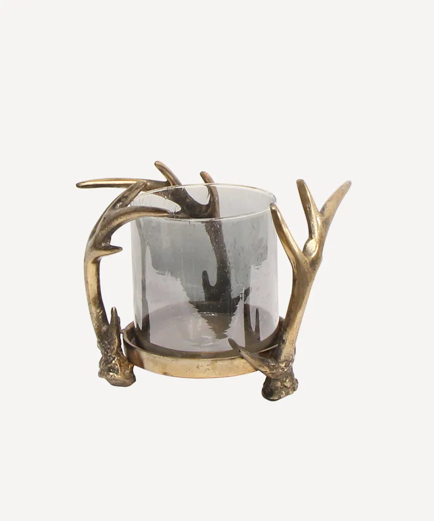 Antique Brass coloured hurrican lantern with deer antler Frame and soke coloured glass