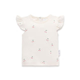 White cotton childs tio with cherry print and flutter sleeves