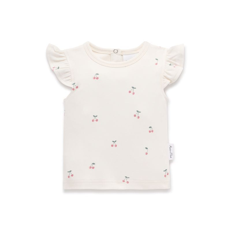 White cotton childs tio with cherry print and flutter sleeves