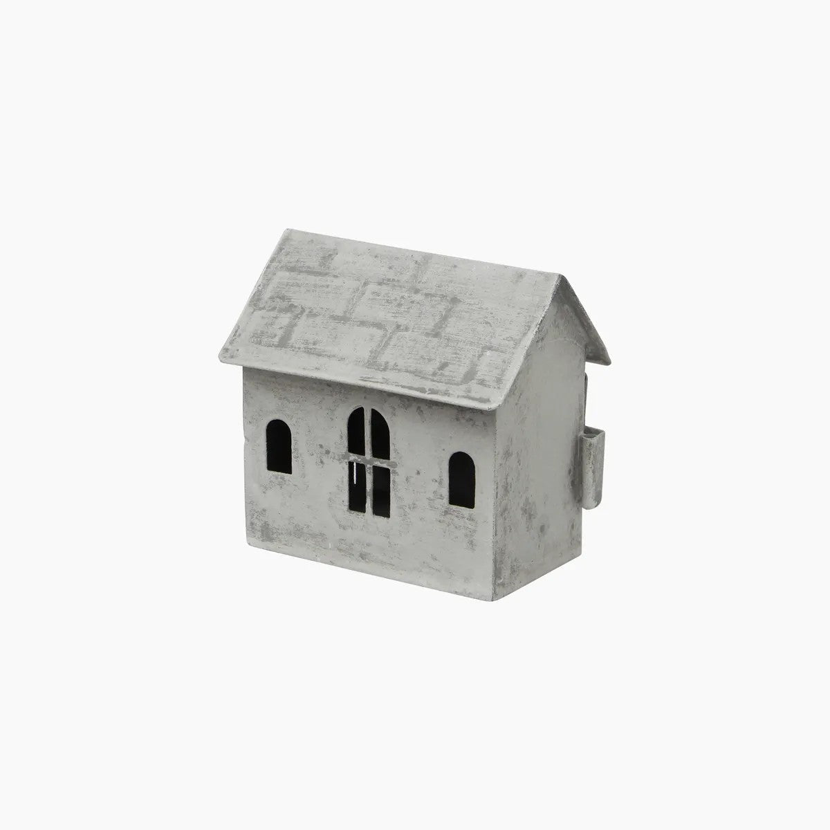 small grey zinc tealight house with windows