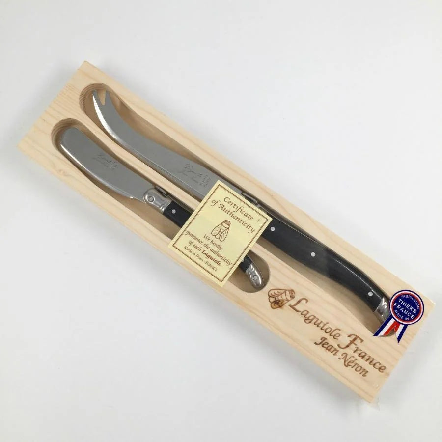 Laguiole by Jean Neron two piece cheese set with black handles in a wooden gift box at Cerise