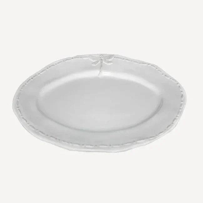 Small White stoneare oval shaped platter with a dragonfly moif