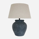 CC Interiors Greywake ceramic lamp base in matt charcoal with raw linen tapered drum shade at Cerise. Base and shade sold seperately.