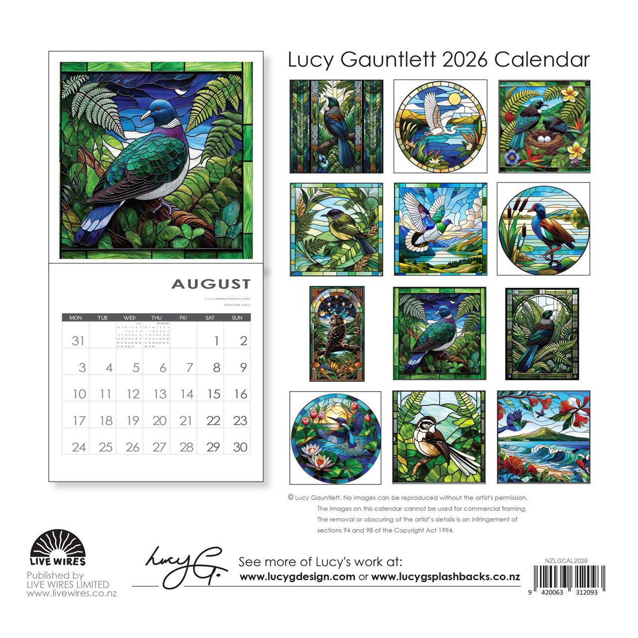 2026 square calendar featuring bright artwork by Lucy Gauntlet NZ Artist.  Shows all 12 artworks featturing on calaendar pages