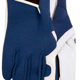 Pair of blue and white goatskin  gloves with '2ndskin' branding on a white background