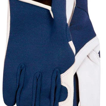 Pair of blue and white goatskin  gloves with '2ndskin' branding on a white background