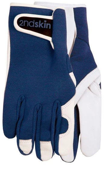 Pair of blue and white goatskin  gloves with '2ndskin' branding on a white background