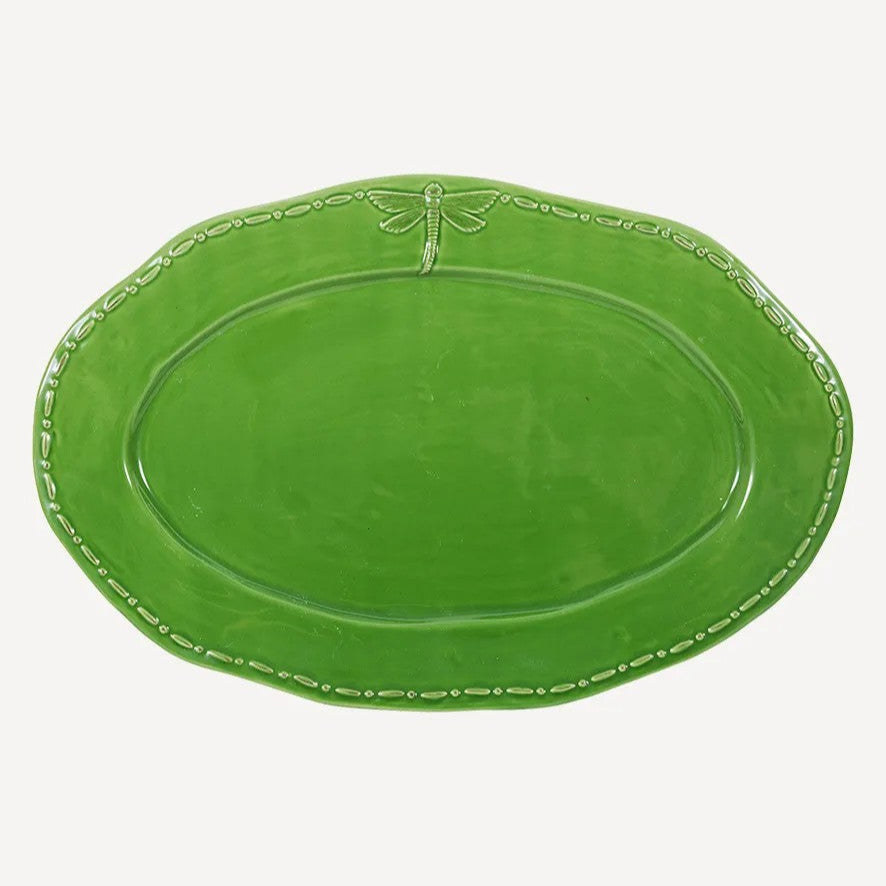 Green ceramic oval platter with embossed drgonfly detail