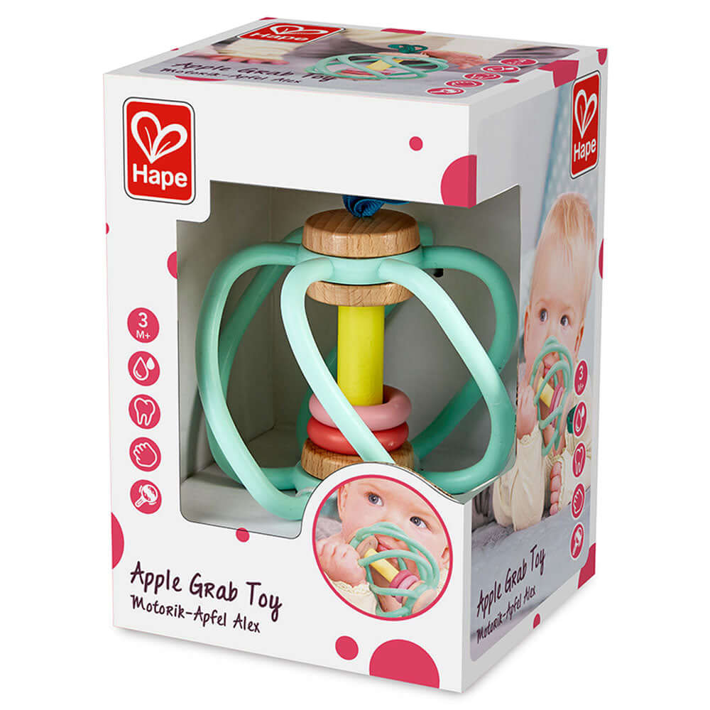The Hape Grab Toy for babies at Cerisie is designed with flexible silicone bars that are safe and soothing for teething babies to chew, this engaging toy offers multiple ways to play. The silicone bars surround a smooth wooden centre and feature two colourful rings that create a gentle rattling sound, combining sensory exploration and auditory stimulation in one toy.