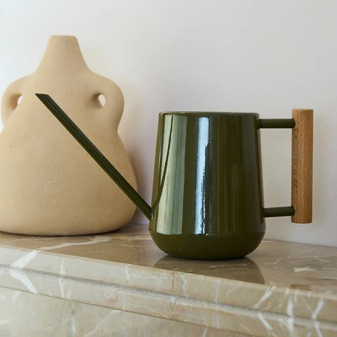 Olive Green watering can with a wooden handle