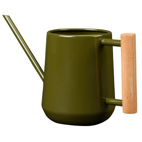 Olive Green watering can with a wooden handle