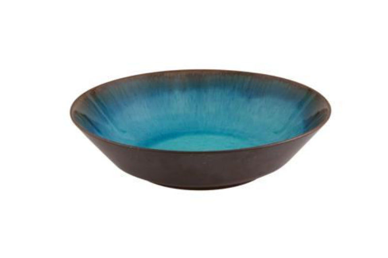 Bowl with blue interior and brown exterior on a white background