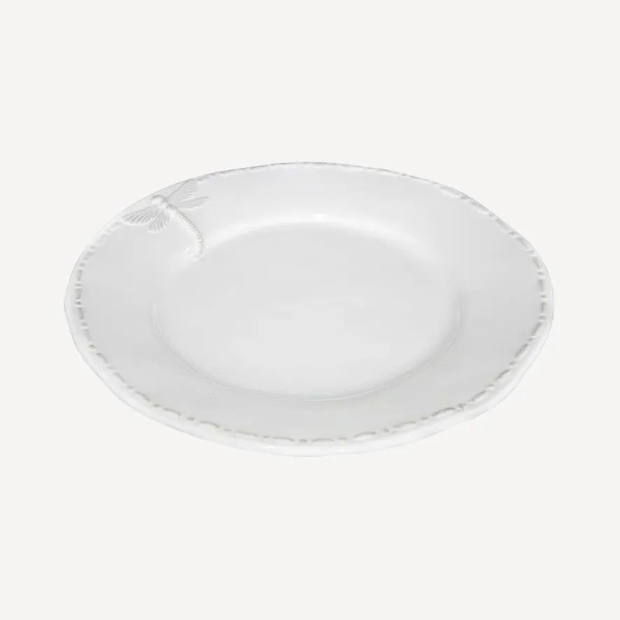 White stoneware glazed lunch plate featuring a dragonfly design