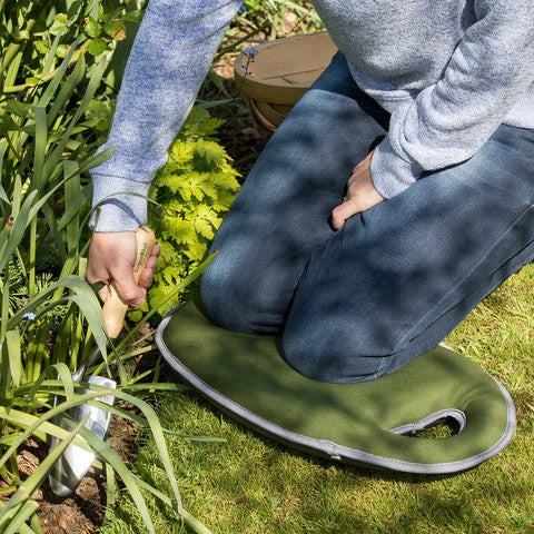 Moss green coloured gardening kneeler with Burgon Ball branding on one side