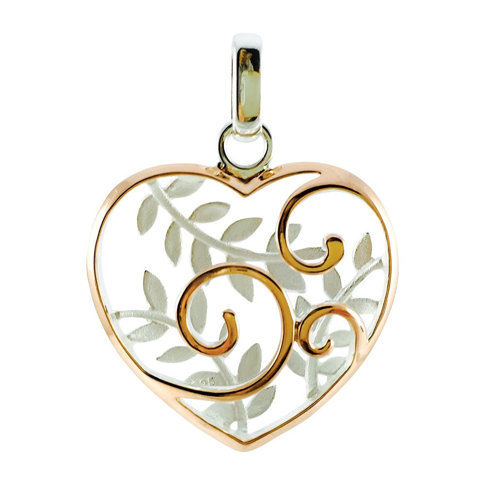Silver Heart Shape Pendant featuring a stencilled heart with NZ Fern and Koru design with Rose Gold Plating