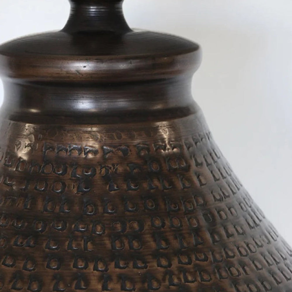 CC Interiors Genie Beaten Bronze Lampbase at Cerise looks great with a natural linen coloured shade.