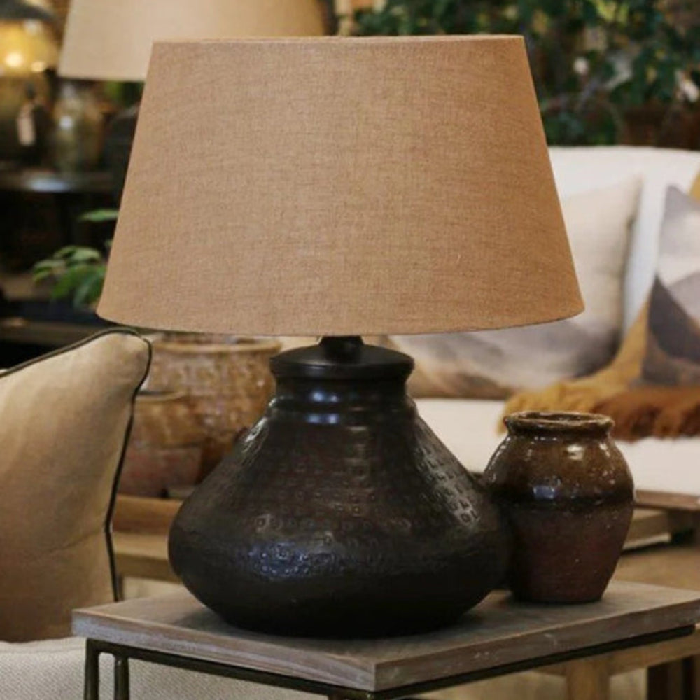 CC Interiors Genie Beaten Bronze Lampbase at Cerise looks great with a natural linen coloured shade.