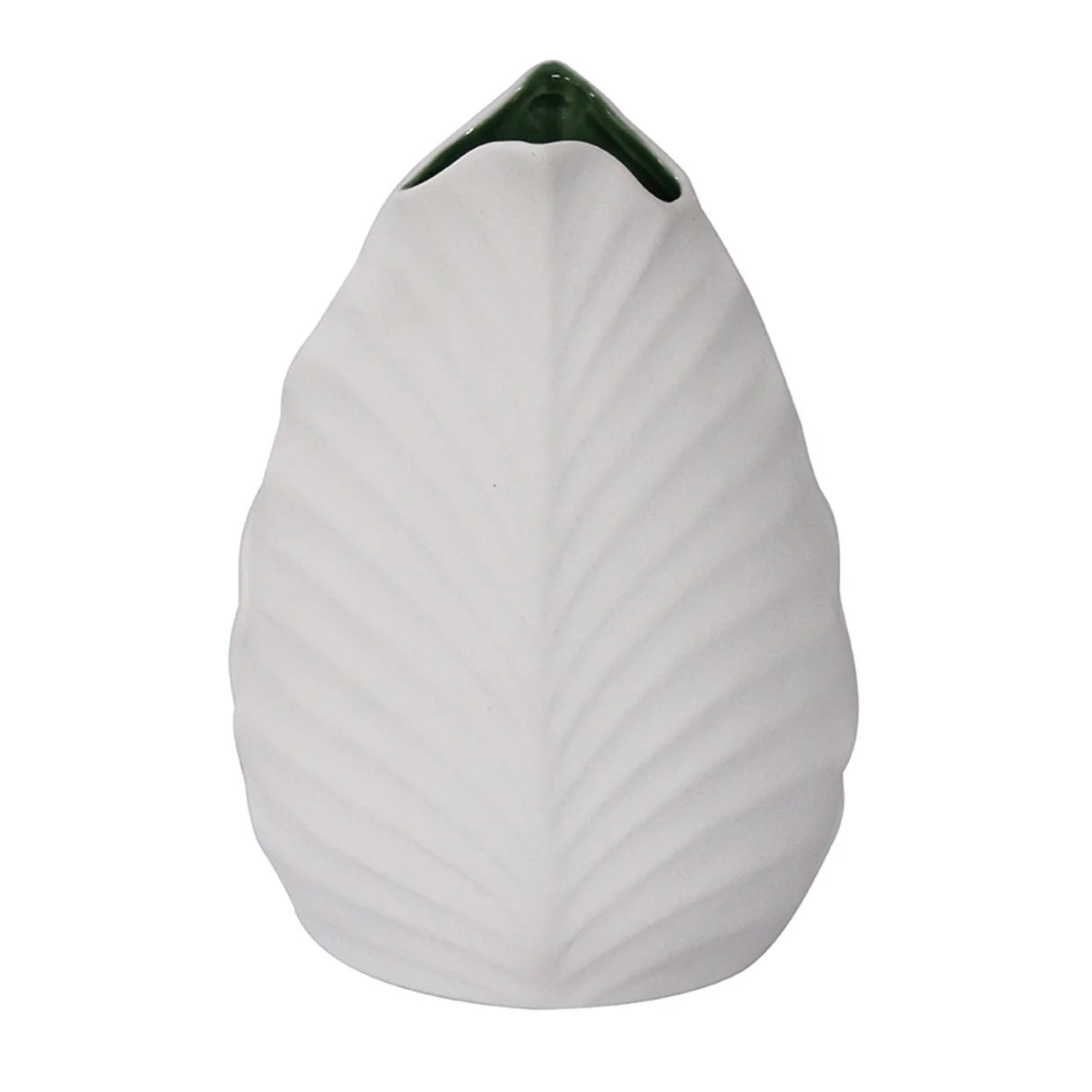 CC Interiors Large Sculptured Leaf Vase in Matt White Finish with Green Glazed Interior at Cerise.