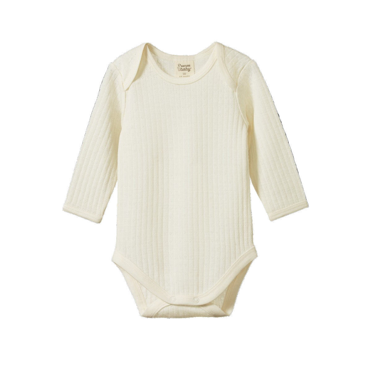 Natural coloured merino Pointelle bodysuit for baby with long sleeves and crotch dome opening
