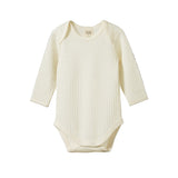 Natural coloured merino Pointelle bodysuit for baby with long sleeves and crotch dome opening
