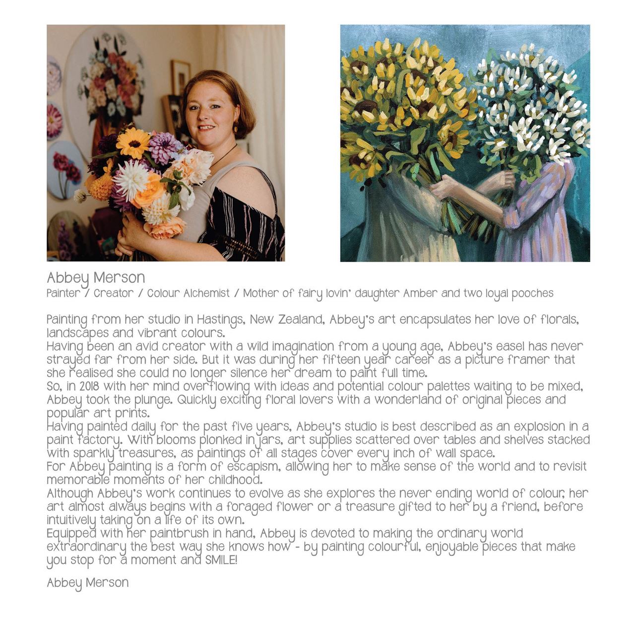Woman with flowers and artwork of people holding flowers, with text about Abbey Merson's art.
