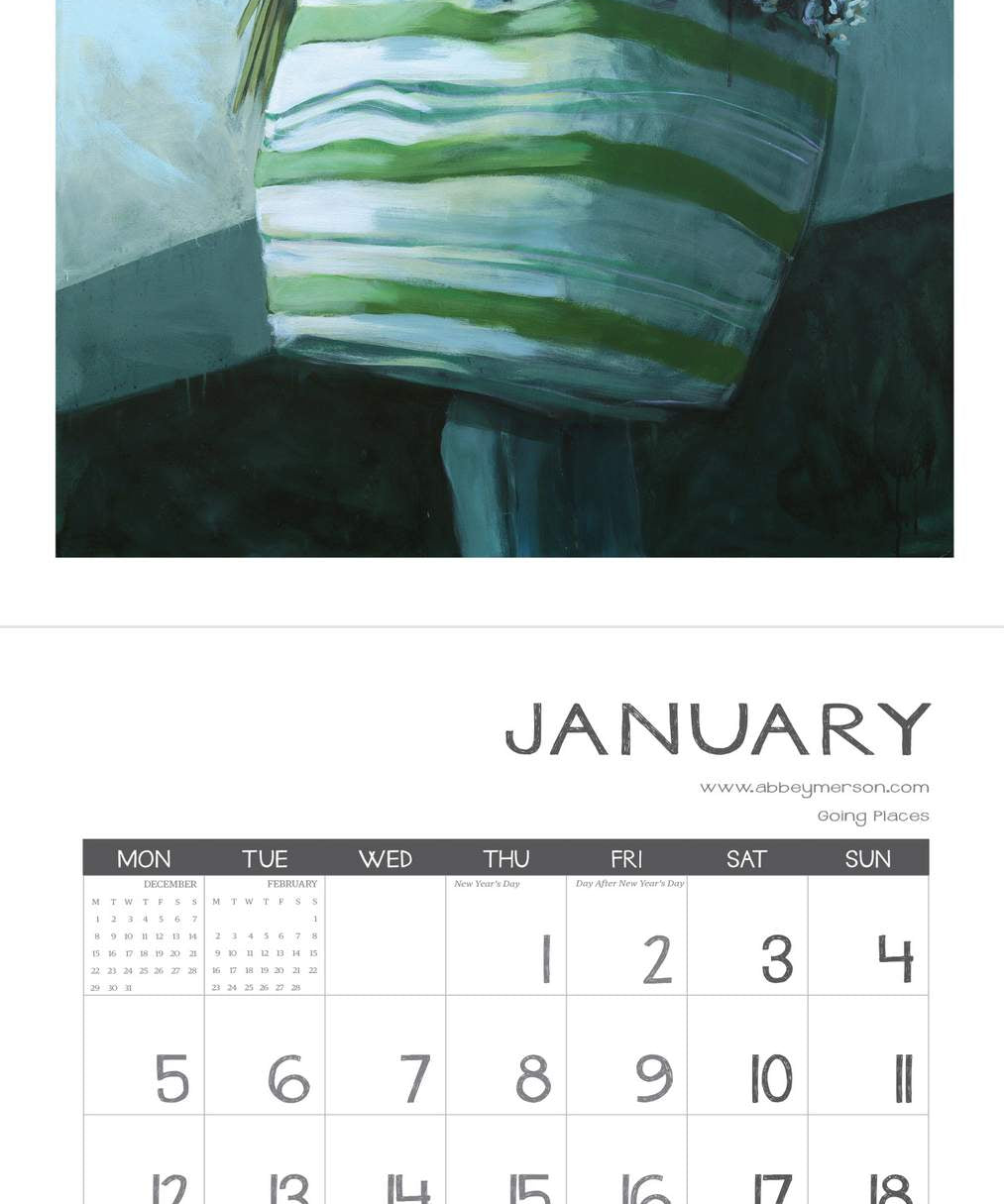 Calendar for January with a person carrying flowers, set against a light blue background.
