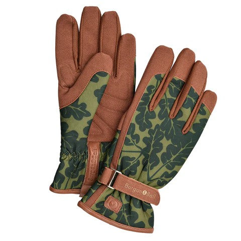 Gardening Gloves in an oak leaf pattern  and moss colourway with leather trim