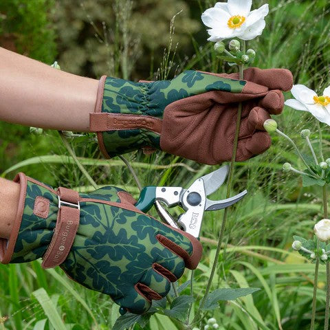 Gardening Gloves in an oak leaf pattern  and moss colourway with leather trim