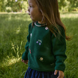 Front view of the Nature baby margot sweater in dark green with embridered front