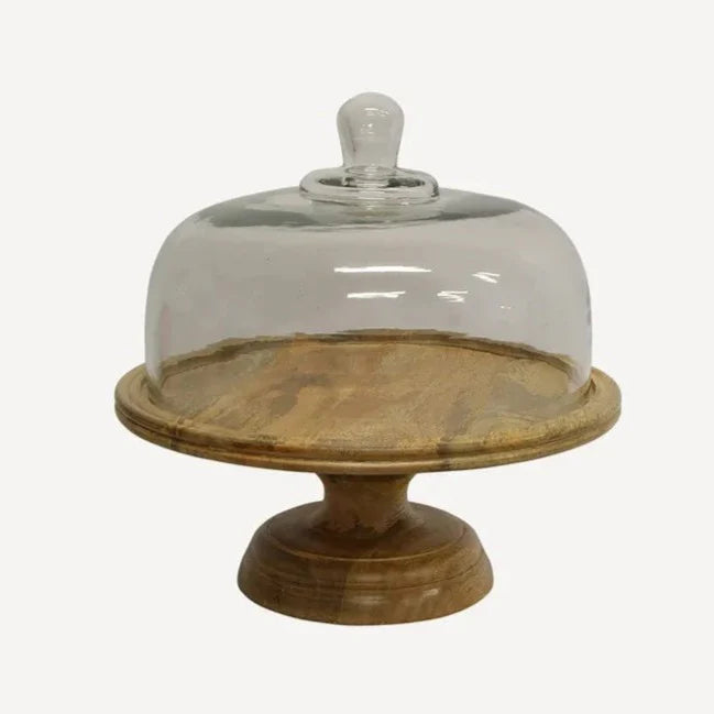 Cake dome on wooden pedestal stand