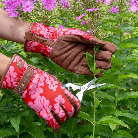 Gardening Gloves in Oak Leaf Poppy colour way with leather trim