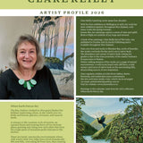 Clare Reilly artist profile with paintings and text on a green background