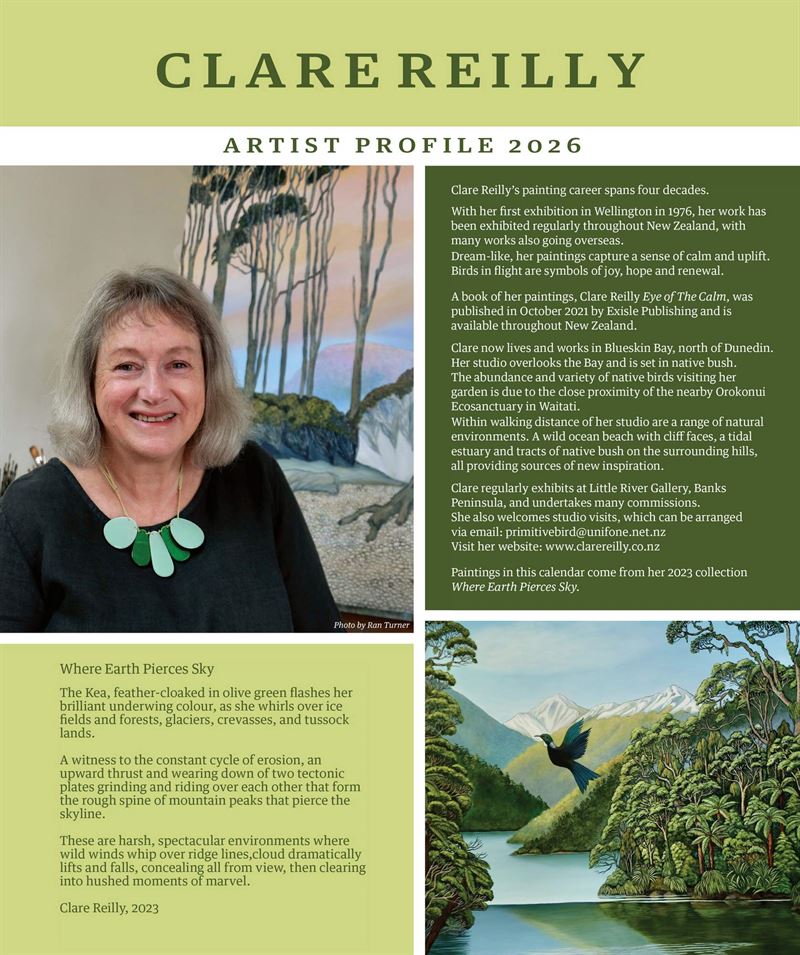 Clare Reilly artist profile with paintings and text on a green background