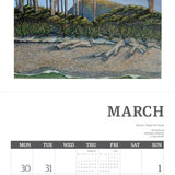 March calendar page with a scenic illustration of trees and a bird.