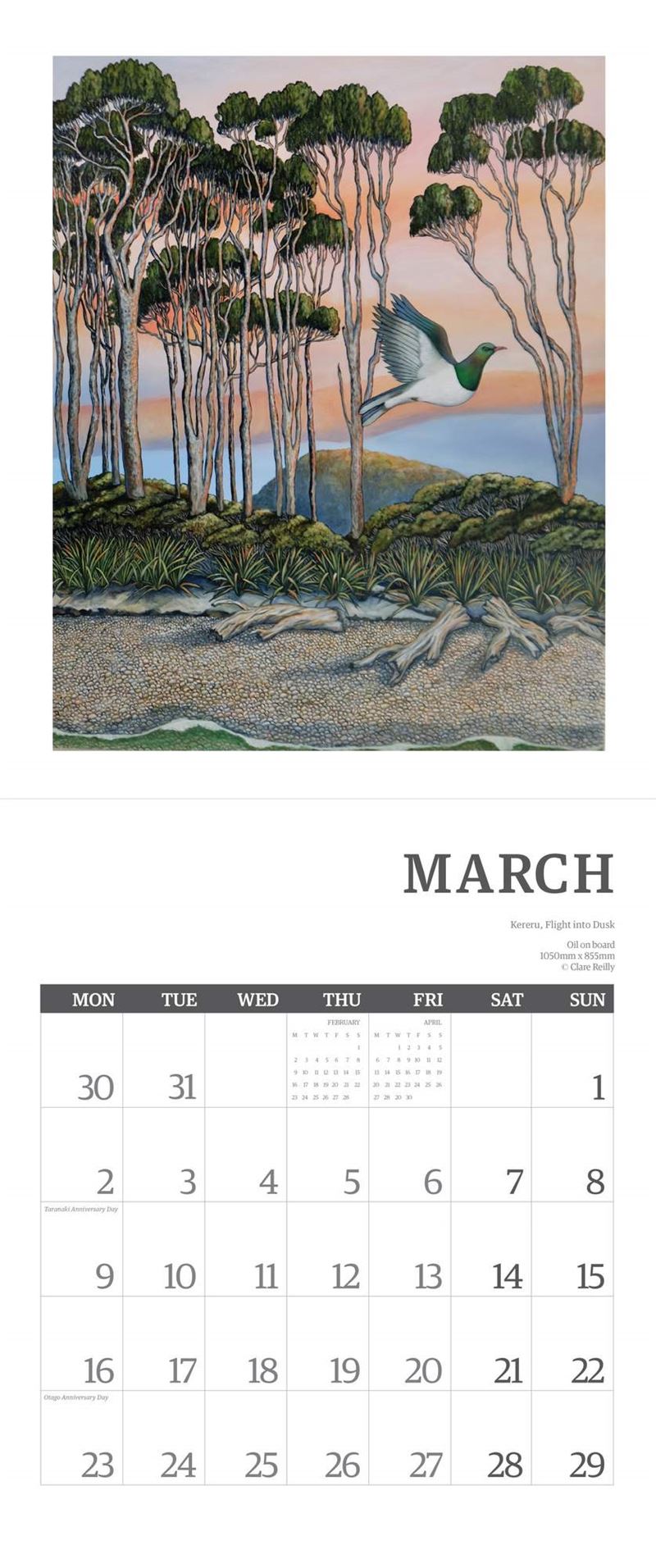 March calendar page with a scenic illustration of trees and a bird.