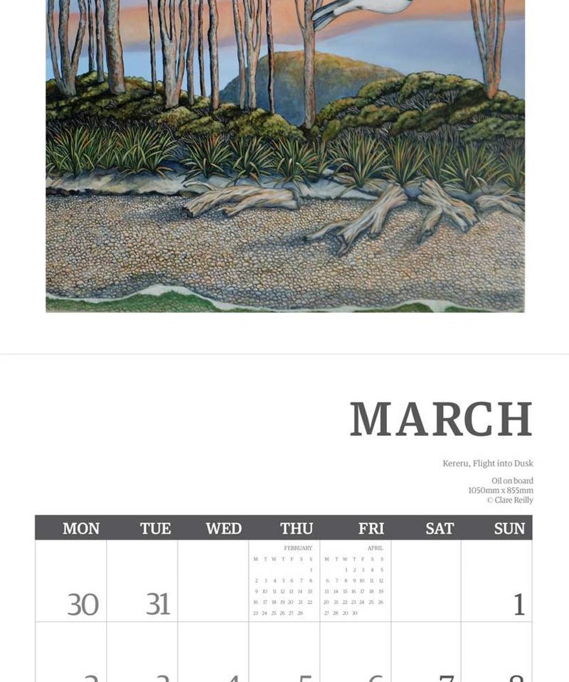 March calendar page with a scenic illustration of trees and a bird.