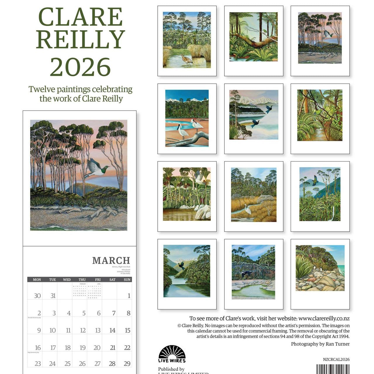 Clare Reilly 2026 calendar with twelve paintings of landscapes.