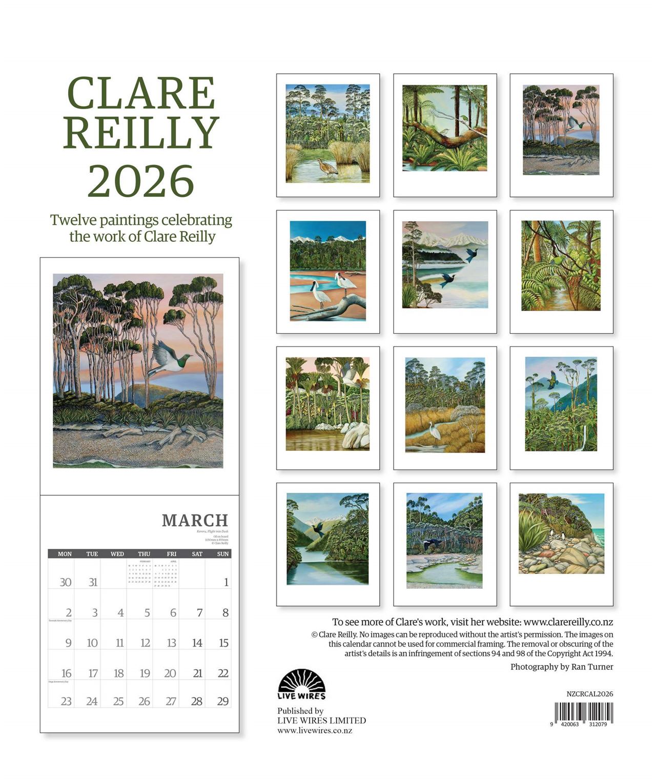 Clare Reilly 2026 calendar with twelve paintings of landscapes.