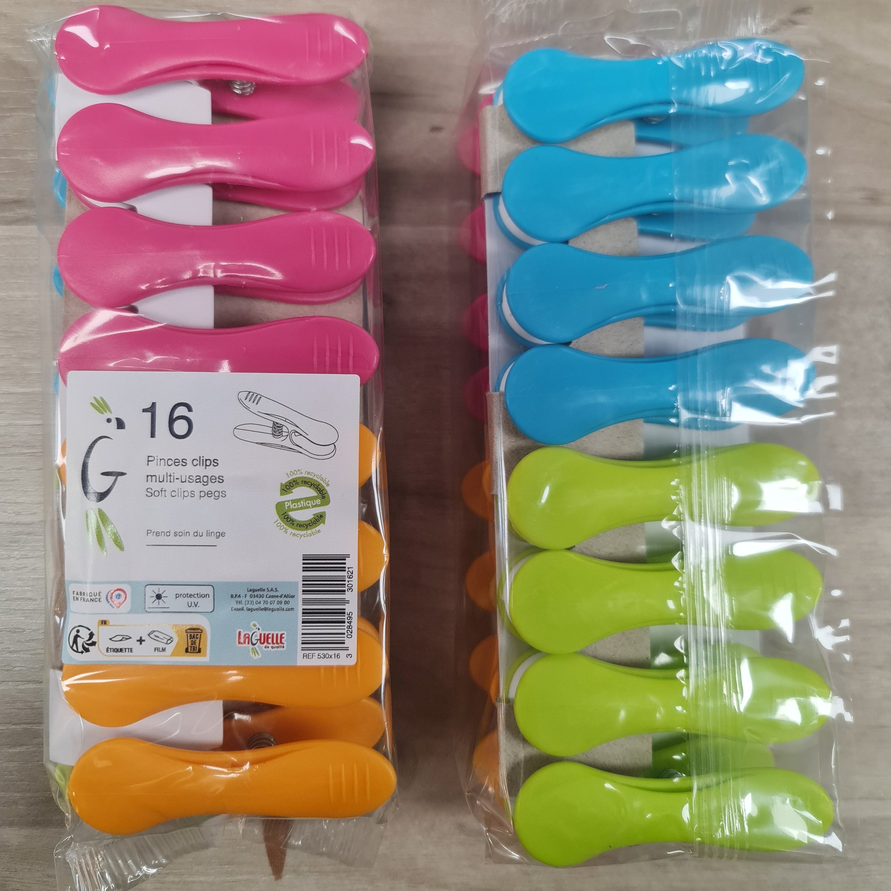 Laguelle Soft Grip Pegs made in France and available in store and online at Cerise.  Each Pack includes 16 pegs, a mixture. of Pink, Orange,  Blue and Green.  Non marking and long lasting, these are quite possibly the best pegs ever.