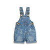 Blue denim overalls with safari prints on a white background
