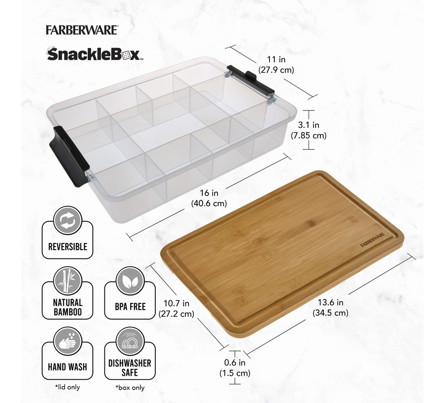 Farberware SnackableBox with dimensions and features on a white background