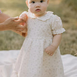 Sofia Floral Dress by aster and Oak featuring a delicate blue on natural floral print with collar