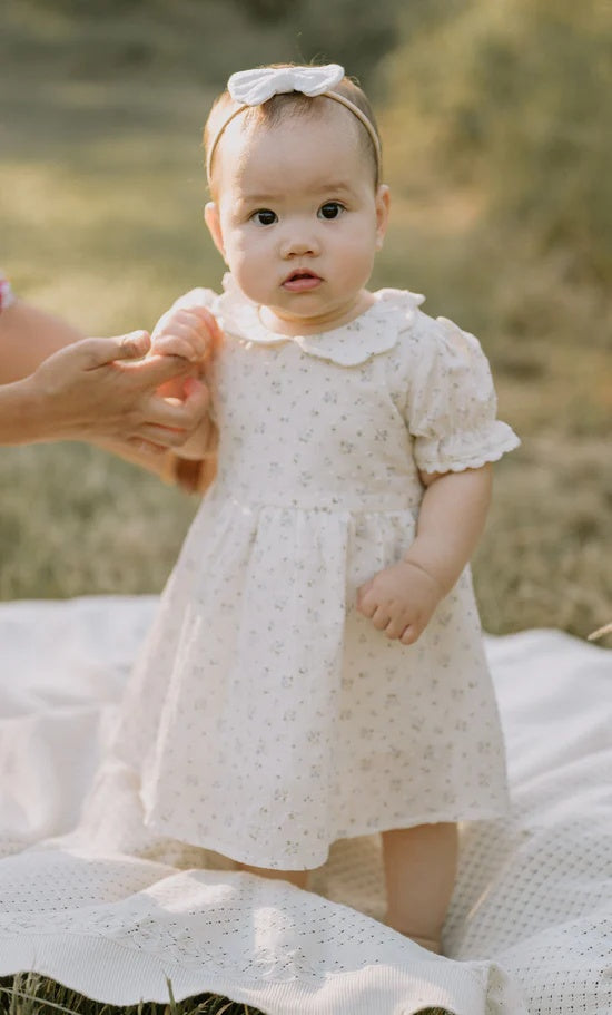 Sofia Floral Dress by aster and Oak featuring a delicate blue on natural floral print with collar