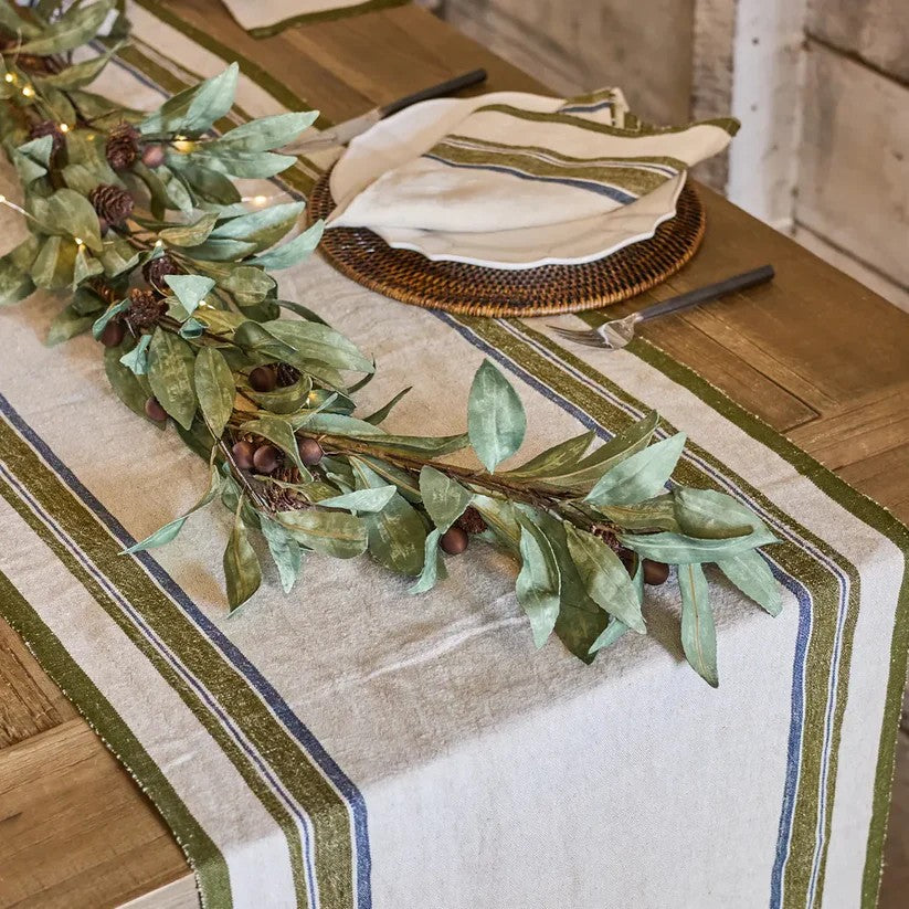 Green stripe on natural linen table runner